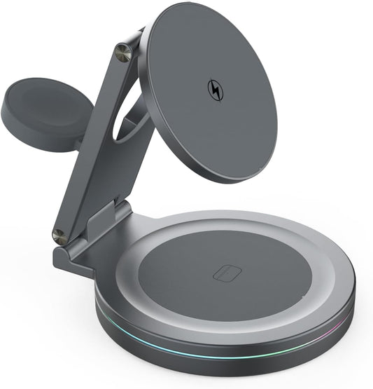 Foldable 360º Rotatable Zinc Alloy 3-in-1 Magnetic Wireless Charger,3 in 1 Charging Station,Charging Stand,15W for iPhone 12-16,5W for Apple Watches, AirPods (Adapter Included) (Gray)