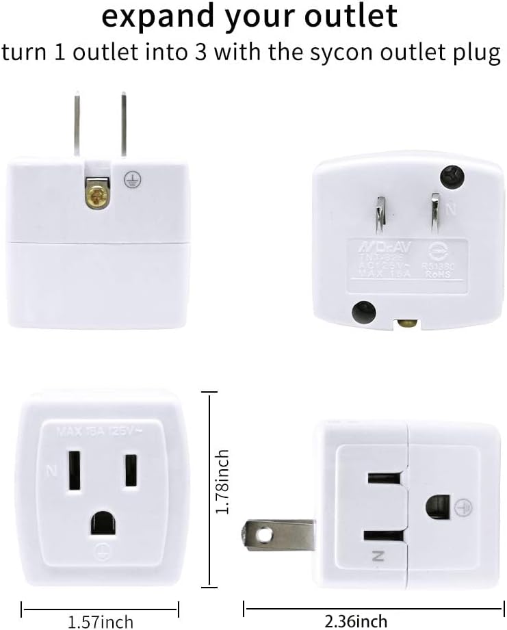 SYCON Adapter Outlet Extender, 2-Prong to 3-Prong Mini Wall Plug, Multi Outlet Splitter with 3 Outlets