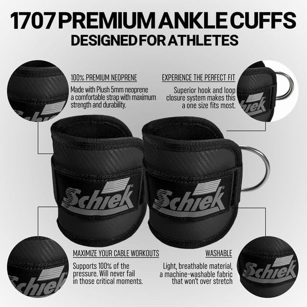 Schiek Sports 1707 Ankle Cuffs - Ideal for Glute Kickbacks and Cable Machine Workouts - Durable and Built To Last