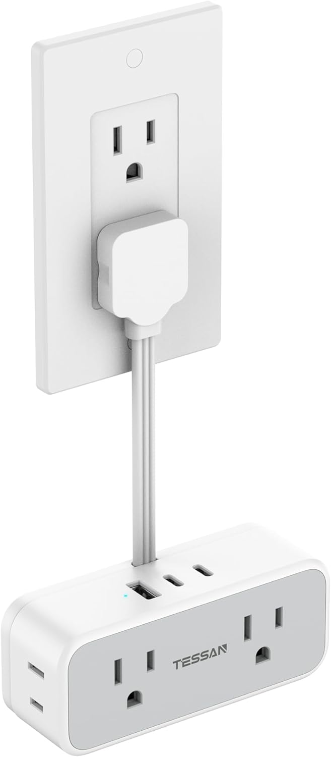 Short Extension Cord 6 inch, TESSAN Flat Plug Power Strip with 4 AC Outlets 3 USB (2 USB C) Ports, Small Charging Station for Cruise Ship Travel, Desk Organizers for Home Office Dorm Room Essentials