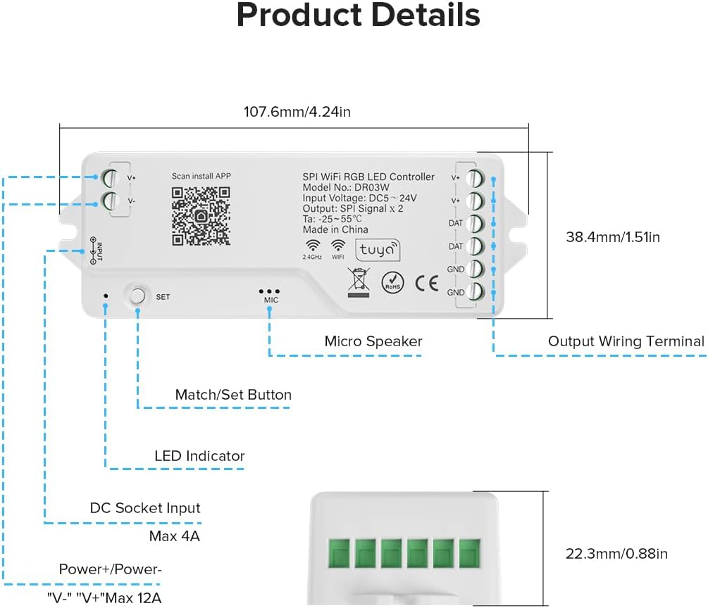 2.4G WiFi SPI RGB Controller DR03W & RC03RF RF Remote Set, Control by Smart Life/Tuya APP/Alexa/Google Home, Control Support WS2812B WS2811 WS2813 WS2815 etc LED Strip STA Mode