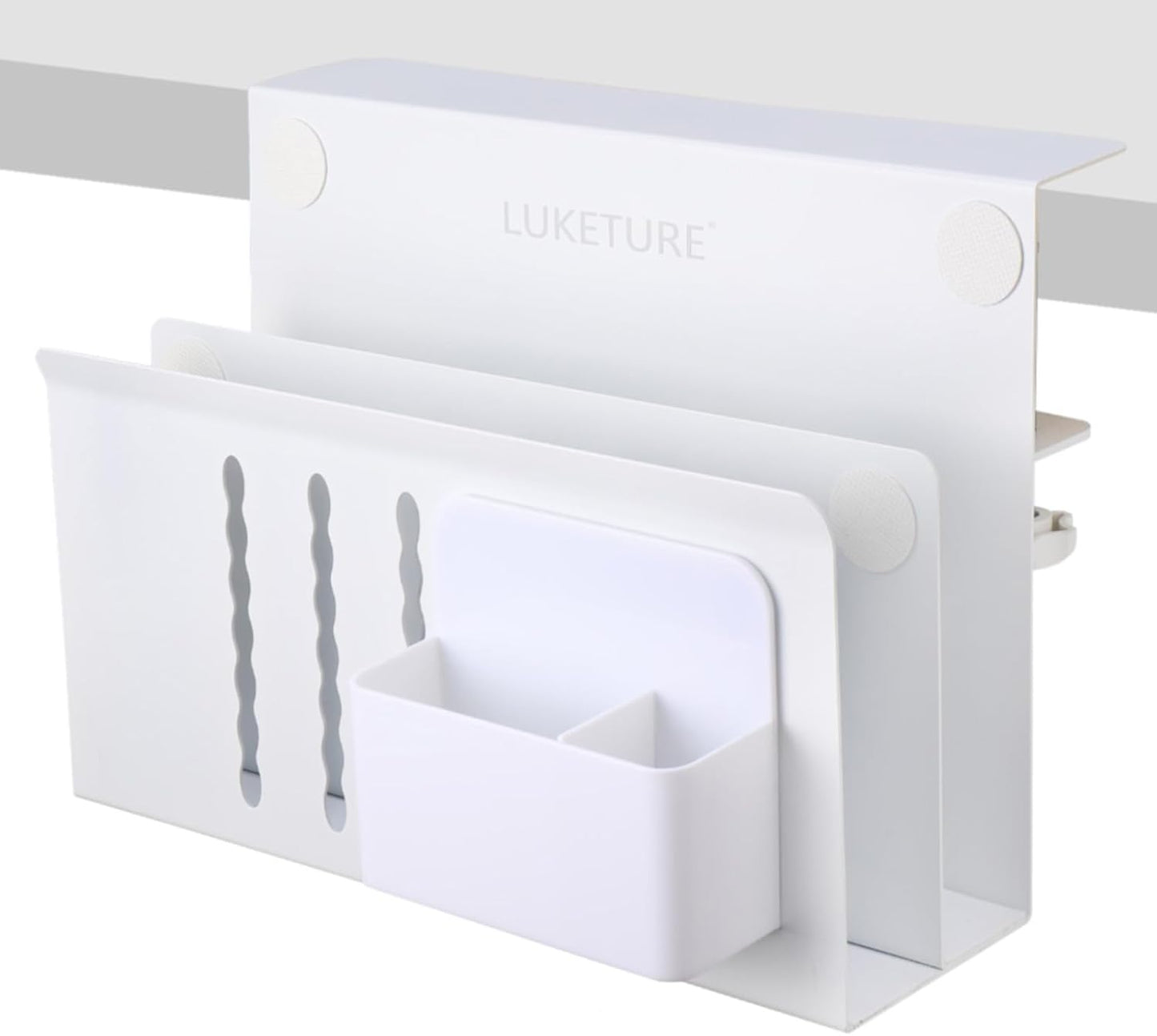 LUKETURE Laptop Holder, Steel Desk Side Storage, No Drill Standing Desk Accessories, Clamp on Laptop Mount with Pen Holder, Fits Flat Edge Tables 0.3" to 2.8" (White, L(2 Tier))