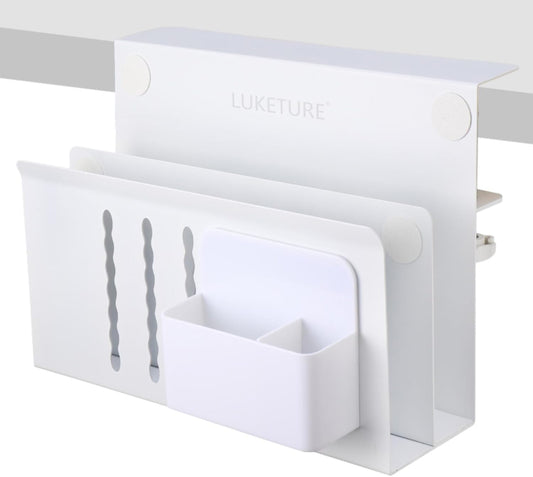 LUKETURE Laptop Holder, Steel Desk Side Storage, No Drill Standing Desk Accessories, Clamp on Laptop Mount with Pen Holder, Fits Flat Edge Tables 0.3" to 2.8" (White, L(2 Tier))