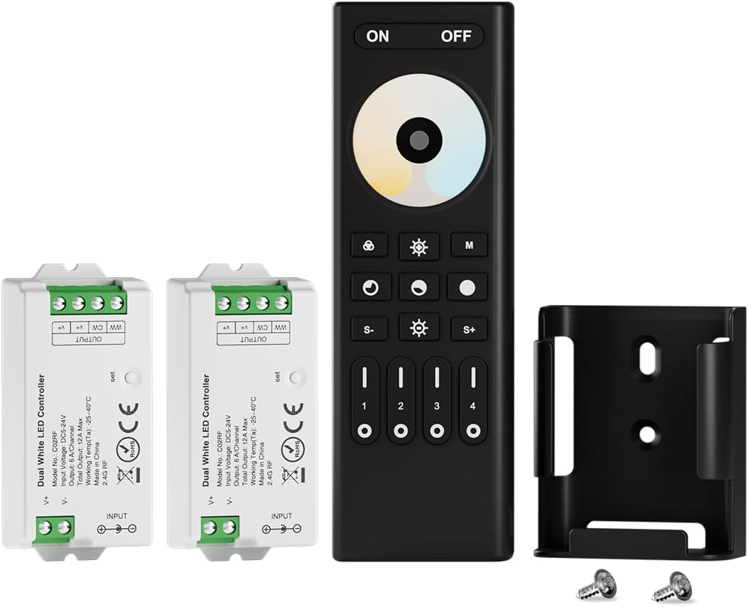 BTF-LIGHTING RF 2.4GHz Wireless Remote RC02RFB &2PCS C02RF Tuya Controller Kit 4 Zone Group Control PWM CCT(+ CW WW) 3pin 5050SMD FCOB COB Dual White LED Strip DC5V DC12V DC24V