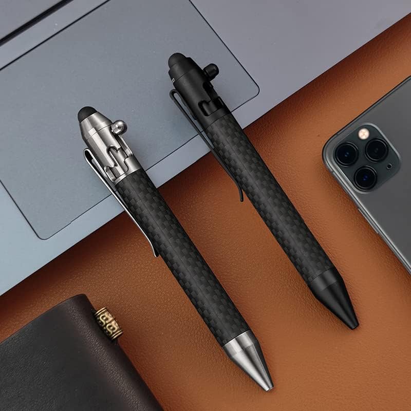 Cool Hand 4.9'' Carbon Fiber Bolt Action Pen with Retractable Stylus Tip for Any Touch Screen, Ballpoint Ink Refillable, Compact Size, Skelton Out Deep Pocket Clip (Carbon Fiber Silver)