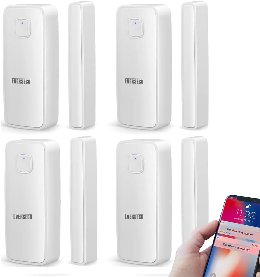 EVERSECU Tuya Smart WiFi Door Sensor Open/Close Detector App Notification Battery Operated, Compatible with Amazon Alexa, Google Assistant, No Need Hub (4pcs)