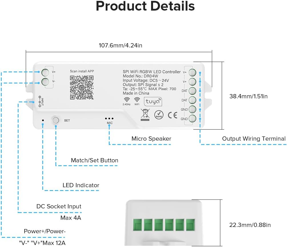 2.4G WiFi SPI RGBW LED Controller DR04W, Smart Life/Tuya App, Alexa & Google Home Compatible, Works with SK6812, WS2814, Addressable RGBW Strips RC03RFB RF Remote for Wireless Control