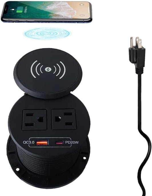 ZESHAN Desk Power Grommet Desktop Power Outlet Sofa Table Outlet with Wireless Charger, USB A, USB C Fast Charging Ports and 2 US Plugs 1.8M Power Cord for Conference Table Desk Furniture, Black