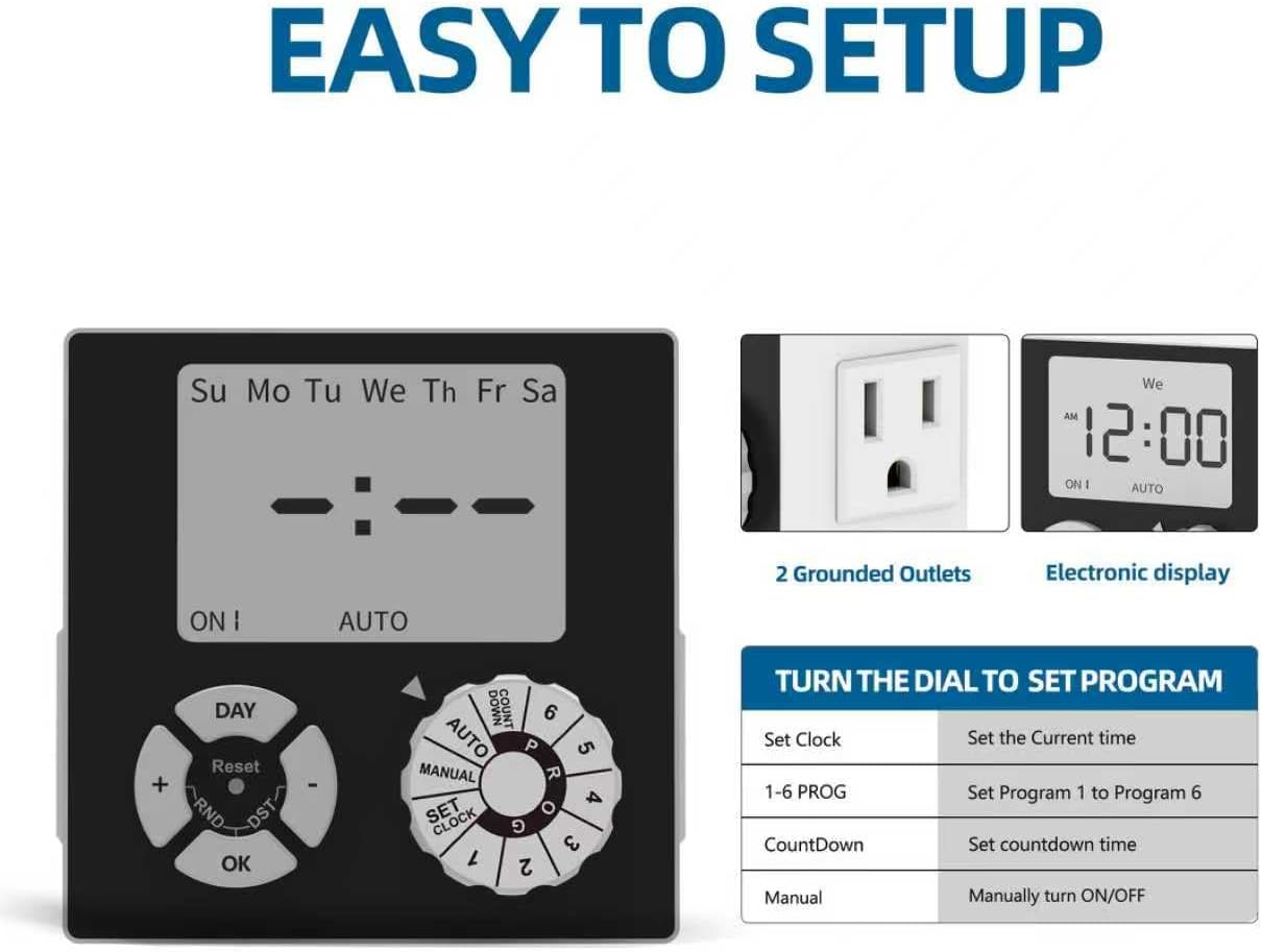 TiFFCOFiO Indoor Mechanical Outlet Timer, 3 Prong Timers for Electrical Outlets, 24-Hour Programmable Plug in Light Timer, ETL Listed (Digital, 1 Pack)