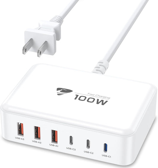 USB C Fast Charger, 100W GaN 6 Port USB C Fast Charging Station Hub Block Cube, QC USB A and PD USB c Wall Charger Power Multiple USB Charger Plug for iPhone 16 15 14 13 12 Pro Max, MacBook, Samsung