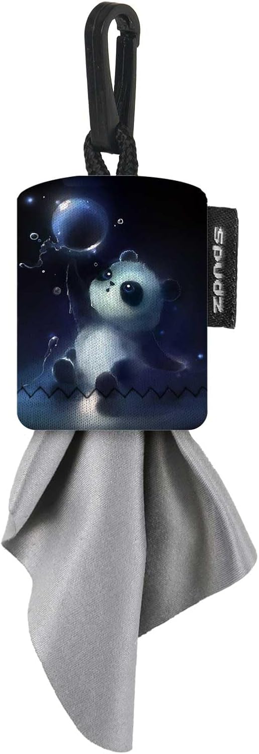SPUDZ Classic Microfiber Lens Cleaner – Clip-On Pouch, Washable – for Binoculars, Scopes, Glasses, Screens | Panda Bubble, 6 x 6 Inch