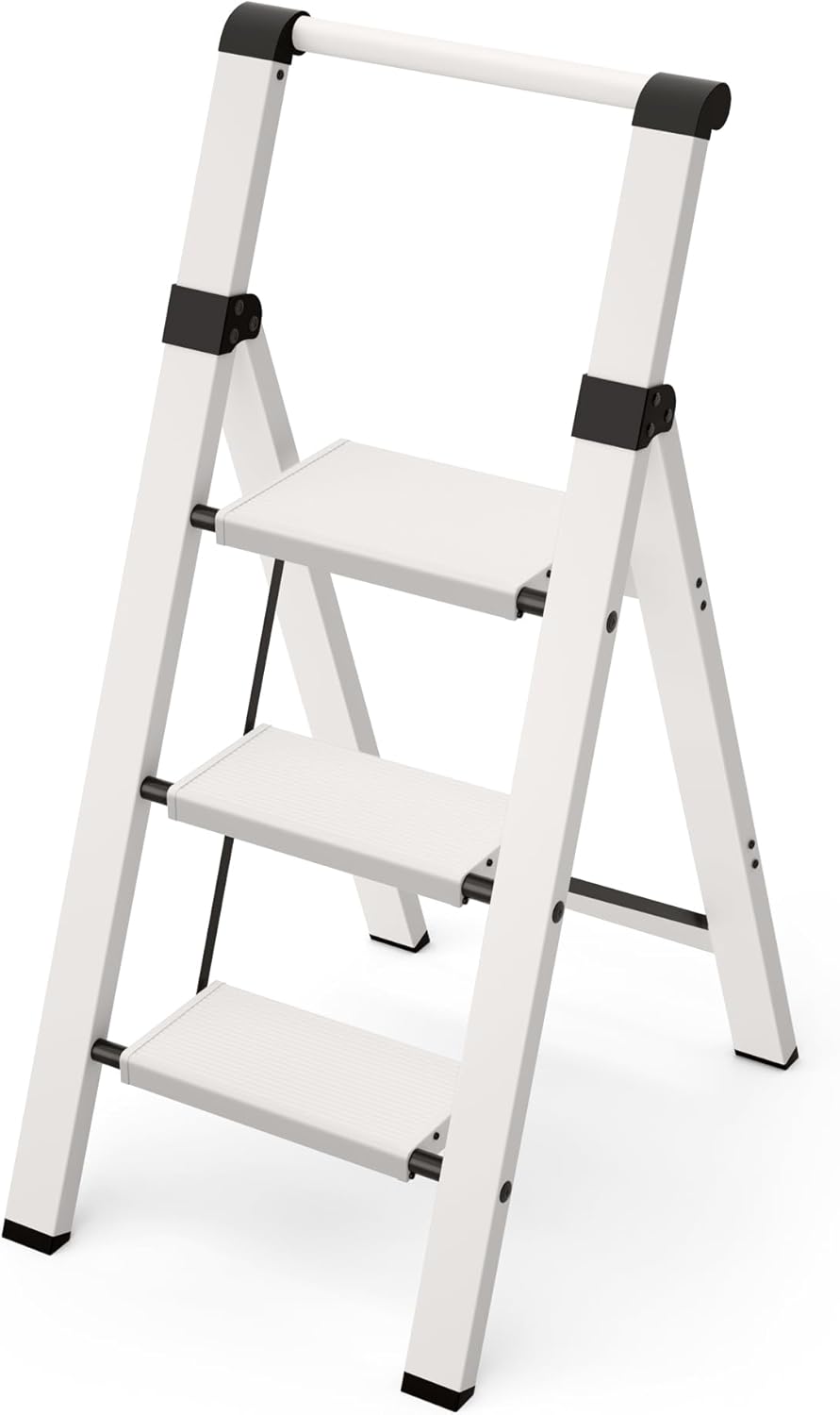 Taranta 3 Step Ladder, Lightweight Aluminum Step Stool with Convenient Handgrip, Folding Ladder with Anti-Slip Pedals, 330lbs Capacity Stepladder for Home, Office, Kitchen - White