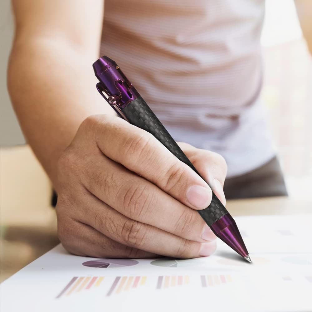 Cool Hand 4.9'' Carbon Fiber Bolt Action Pen with Retractable Stylus Tip for Any Touch Screen, Ballpoint Ink Refillable, Compact Size, Skelton Out Deep Pocket Clip (Carbon Fiber Purple)