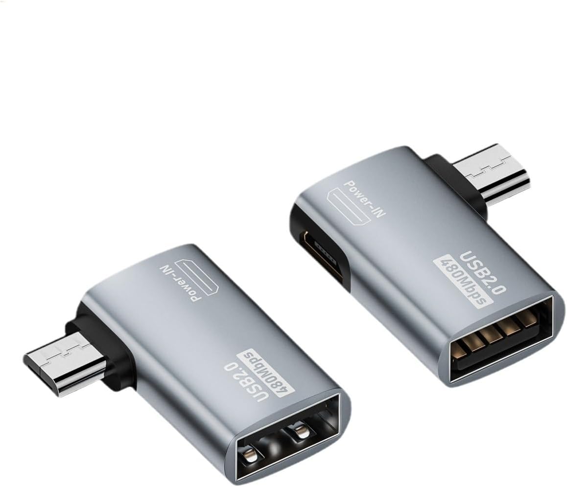 Powered Left & Right Angle USB 2.0 Micro Male to USB Female Host OTG Adapter for Samsung, Firestick，PS Classic，SNES Mini,NES/SNES Classic,Chromecast and More Smartphone or Tablet (2 Pack)