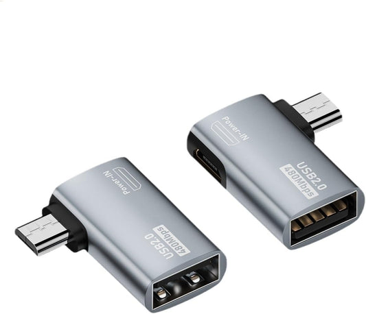 Powered Left & Right Angle USB 2.0 Micro Male to USB Female Host OTG Adapter for Samsung, Firestick，PS Classic，SNES Mini,NES/SNES Classic,Chromecast and More Smartphone or Tablet (2 Pack)