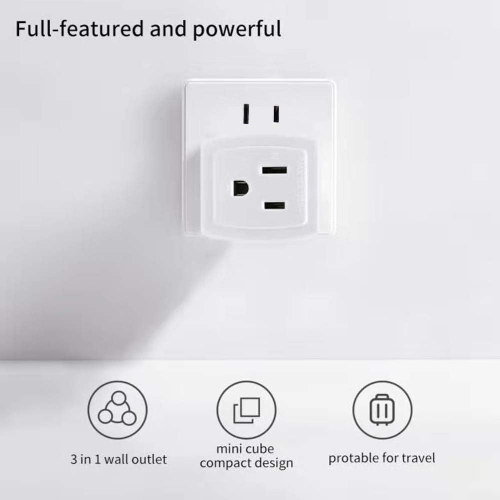 SYCON Adapter Outlet Extender, 2-Prong to 3-Prong Mini Wall Plug, Multi Outlet Splitter with 3 Outlets