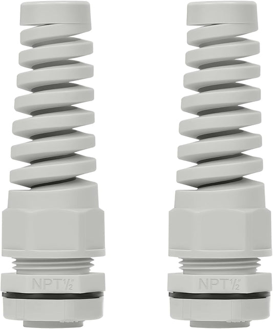LeMotech 2Pcs NPT 1/2" IP68 Waterproof Cable Gland Flex Spiral Strain Relief Grey Nylon Joint with Gaskets for 6-12mm Wire Thread
