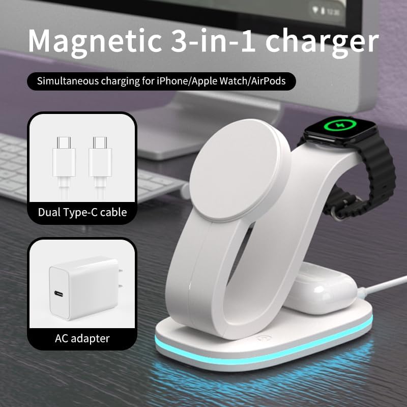 3 in 1 Wireless Charging Station for Qi2 Apple Multiple Devices, 30W USB C Adapter&Light, Fast Mag-Safe Charger Stand Compatible with iPhone 16 15 14 Pro Max, Apple Watch Series 10 9 & Airpods 4 3 Pro