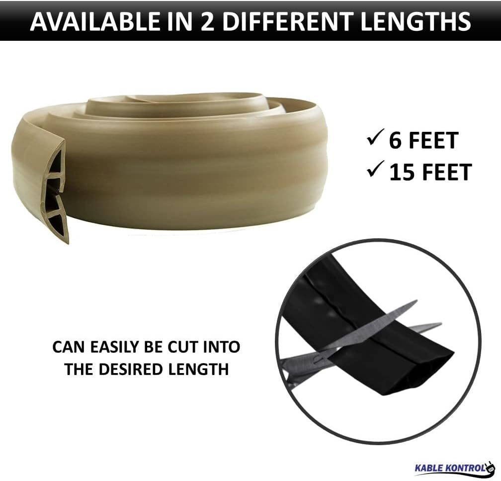 Kable Kontrol Floor Cord Cover kit - 15 Feet Long Black Plastic Cable Protector, Hides Cords and Conceals Wires, for Extension Cord Cable Management, Channel Size 0.75” W x 0.43” H