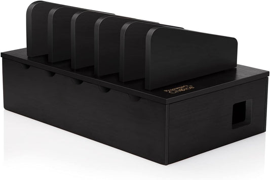 Prosumer's Choice Natural Bamboo Device Charging Station for Multiple Devices | Desk Dock Organizer for Cell Phone, Tablet, Apple iPhone, iPad | with Removable Dividers - Black