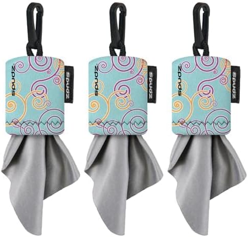SPUDZ Classic Microfiber Lens Cleaner – Clip-On Pouch, Washable – for Binoculars, Scopes, Glasses, Screens | Baby Blue Swirls, 6 x 6 Inch (3-Pack)