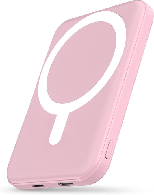 podoru for Magsafe Battery Pack, 5000mAh Magnetic Power Bank with Type-C Cable 20W PD Fast Charging Lighting Input Wireless Portable Charger for iPhone 16/15/14/13/12/ All Series-Pink