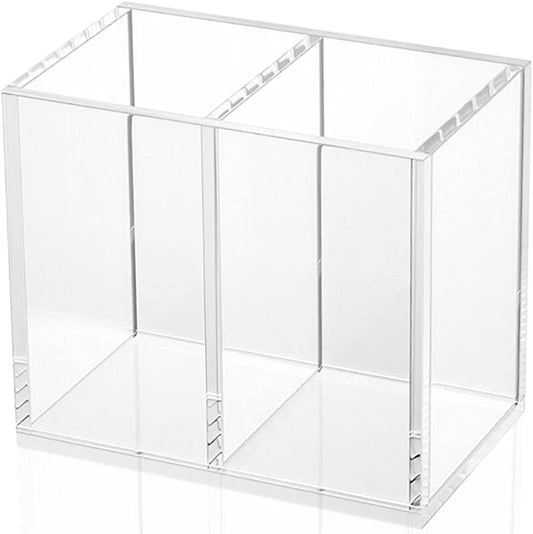 NIUBEE Acrylic Pen Holder 2 Compartments, Clear Pencil Organizer Cup for Countertop Desk Accessory Storage