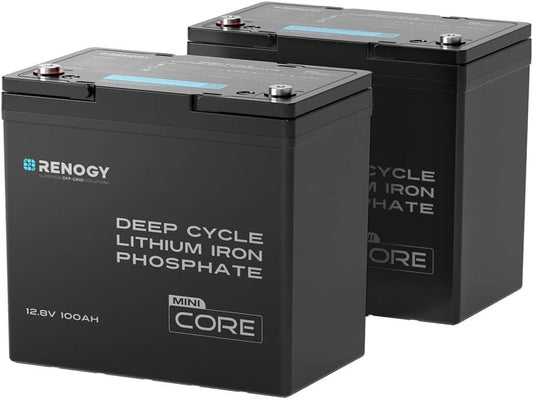 Renogy 2PCS 12V 100Ah Mini Size LiFePO4 Lithium Battery, 100A BMS for Ultimate Safety, Deep Cycle Remote Monitoring, Backup for RV, Cabin, Marine, 200ah LiFePO4 Lithium Battery - Core Series