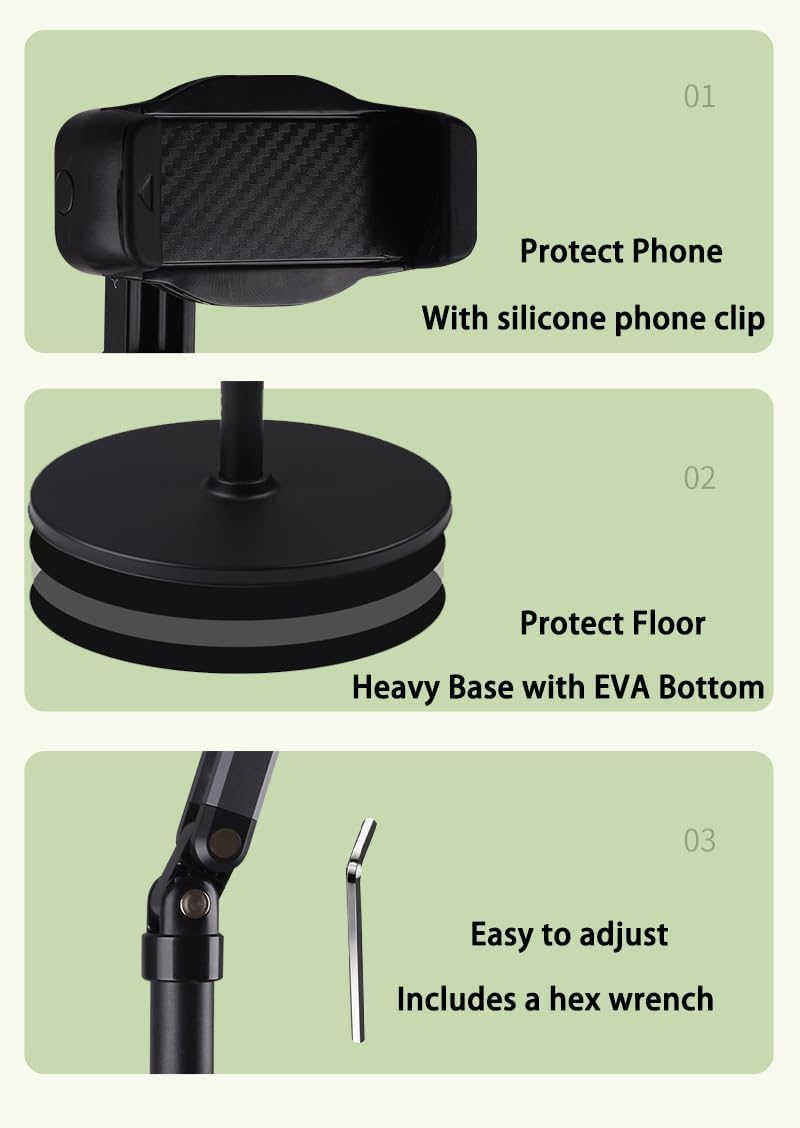 Phone Floor Stand for Recording Cell Phone Holder for Bed, Adjustable Tall Stand with Ultra-Long Extension Arm, 360° Swivel, Compatible with iPhone Samsung and More