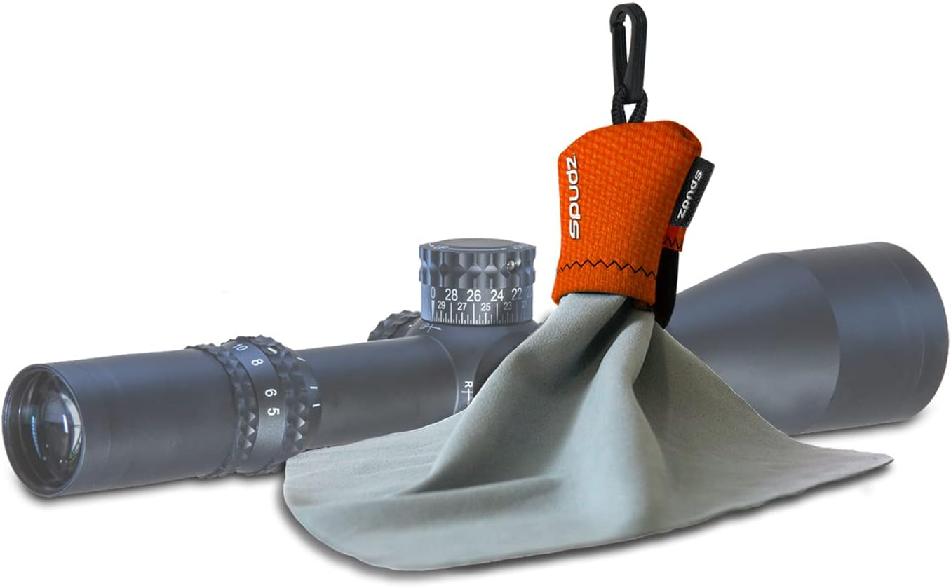 SPUDZ Ultra Microfiber Lens Cleaner – Closable Pouch, Clip-On, Washable – for Optics, Scopes, Glasses | Blaze Orange, 10 x 10 Inch