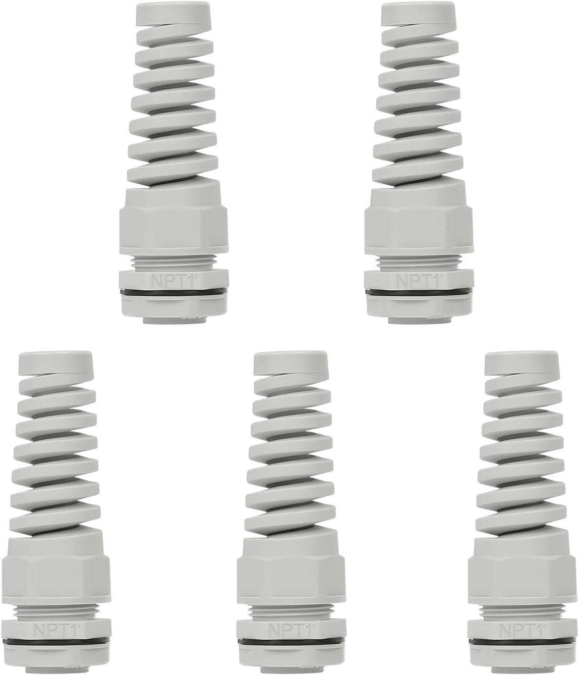 LeMotech 5Pcs NPT 1" IP68 Waterproof Cable Gland Flex Spiral Strain Relief Grey Nylon Joint with Gaskets for 18-25mm Wire Thread