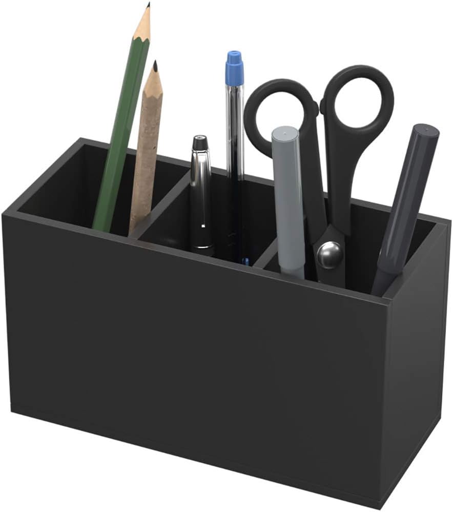 NIUBEE Acrylic Pen Holder 3 Compartments, Black Pencil Organizer Cup for Countertop Desk Accessory Storage