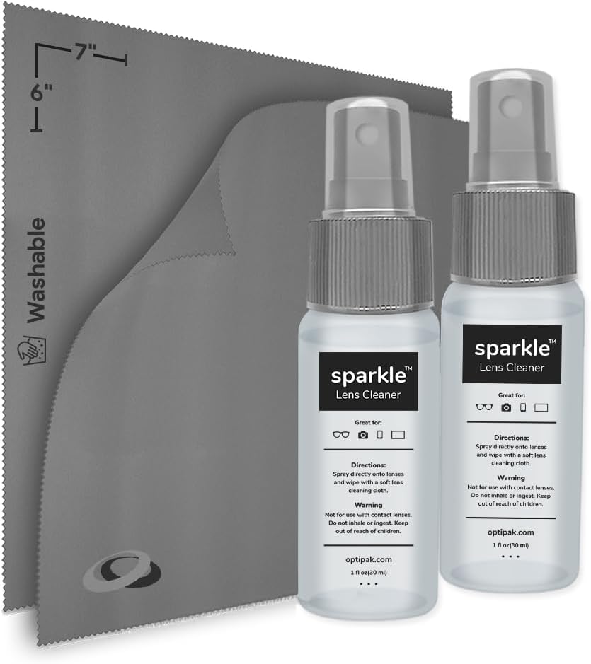 Sparkle Anti-Reflective Lens Cleaner Spray kit | (2) 1oz Glasses Cleaner Spray + (2) Microfiber Cloth for Eyeglasses, Sunglasses, Lenses, Screens and Camera Cleaning Kit (4 Piece Set)