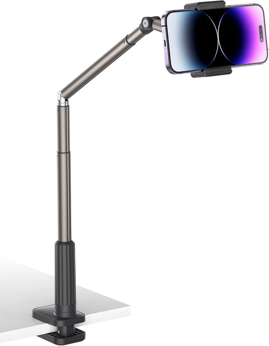 JSAUX Phone Holder for Desk and Bed Compatible with iPhone 16 15 14 13 12 Overhead Phone Mount Gooseneck Phone Stand Flexible 360 Lazy Long Arm Clamp Clip for Table Bedside [1-Pack, Black]