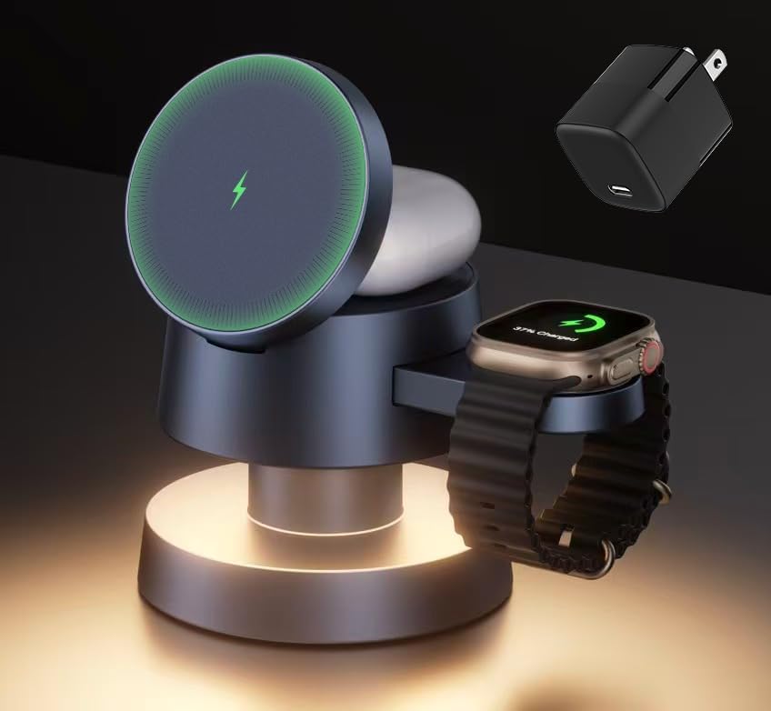 iVANKY 4 in 1 Wireless Charging Station with Mushroom Light for MagSafe Magnetic Charger, Travel Stand 3 in 1 Charge for iPhone 17-11 Pro Max Plus Air, Apple iWatch, Airpods（Includes 33W Adapter） ﻿ ﻿