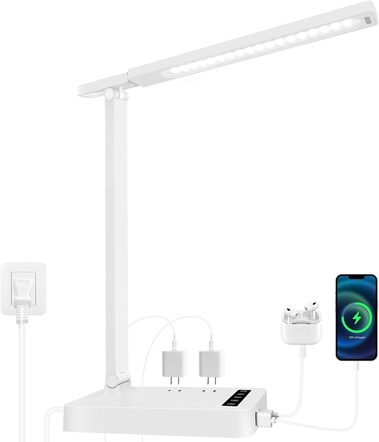 Desk Lamp with 4-Port Charging Station (2 AC Outlets, USB-C, USB-A), 5 Color Modes & Adjustable Brightness, Flexible Gooseneck Arm, Eye-Protecting LED Light Source, Ideal for Home Offices & Bedrooms