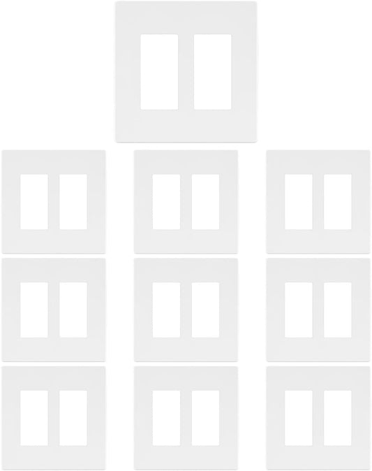 2 Gang Decorative Screwless Wall Plate Light Switch Cover, Hidden Screw Smooth Face, White, 10 pcs