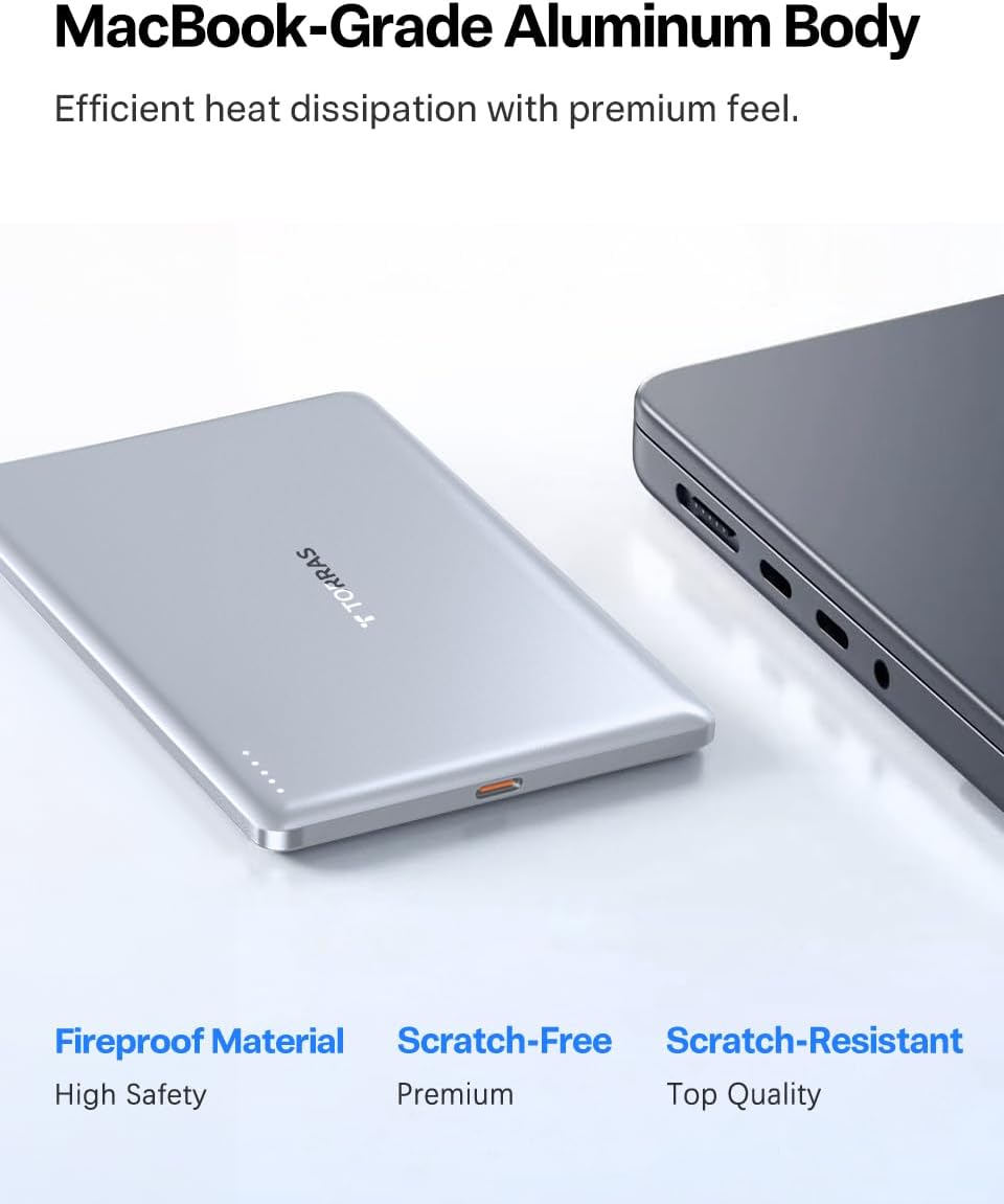 TORRAS Magnetic Portable Charger, 5,000mAh Wireless Power Bank with USB-C Cable, [Ultimate Slim] Fast Charging Durable Battery Pack for iPhone 15 Pro Max /15 Pro/15/14/13/12, Silver White