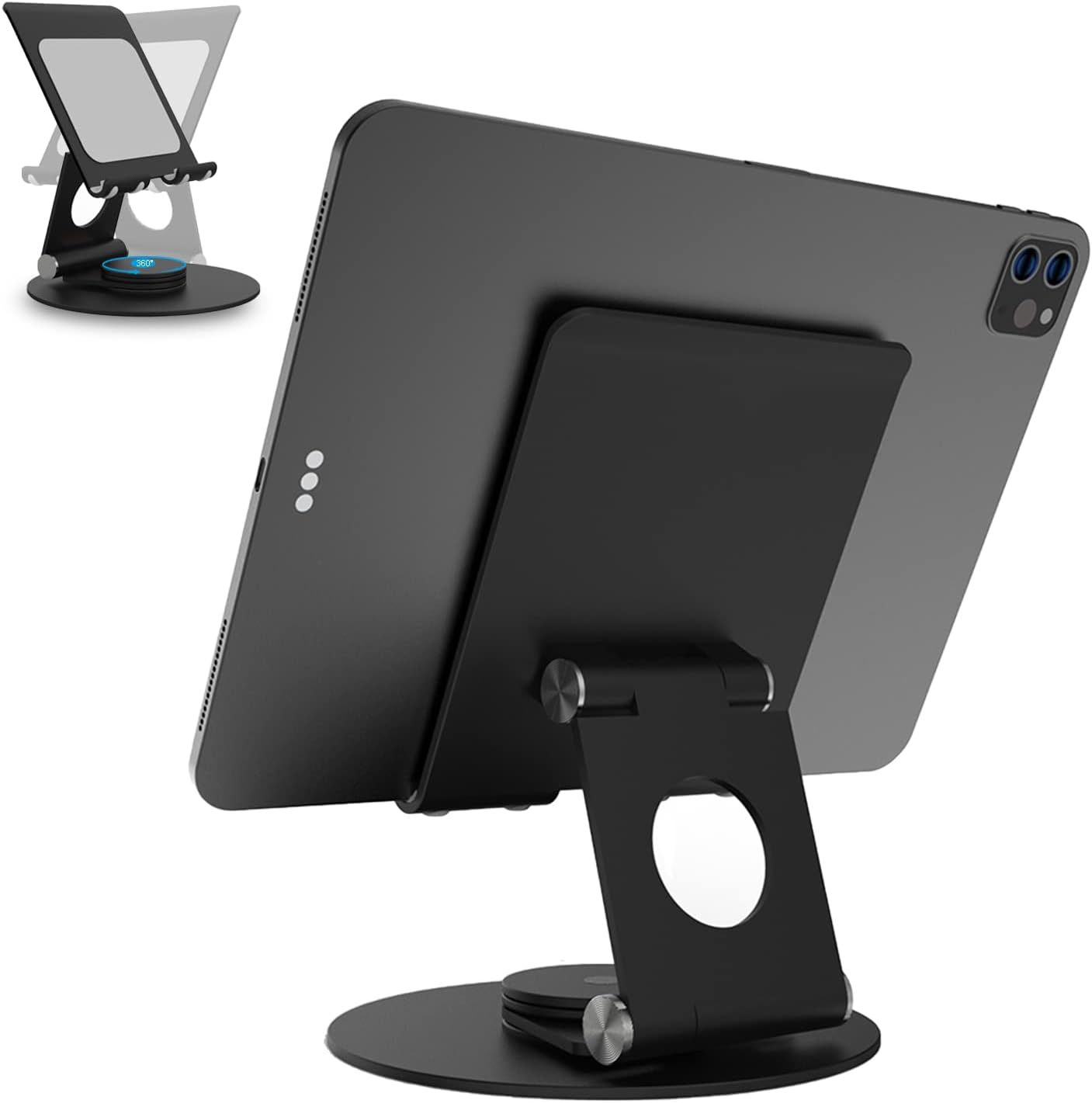 KABCON Swivel Tablet Stand, Aluminum Portable 360°Rotating Holder for Desk,Business,Kitchen,Desktop,Table Stand for iPad Pro 9.7,10.5,12.9/Air Mini,Tab,Fire,Nexus,E-Reader-Black