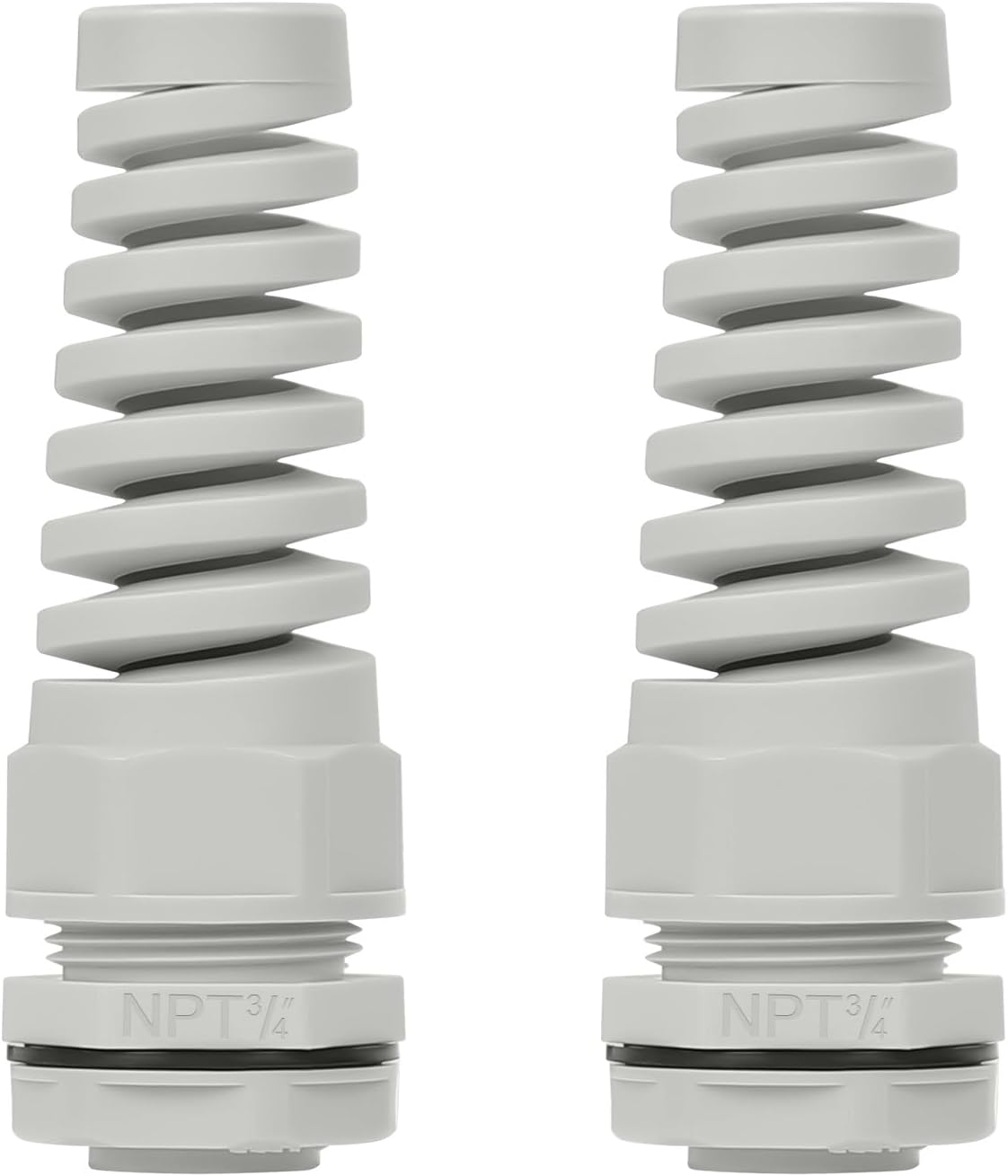 LeMotech 2Pcs NPT 3/4" IP68 Waterproof Cable Gland Flex Spiral Strain Relief Grey Nylon Joint with Gaskets for 13-18mm Wire Thread