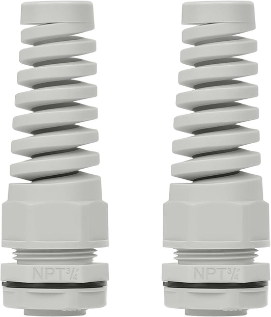 LeMotech 2Pcs NPT 3/4" IP68 Waterproof Cable Gland Flex Spiral Strain Relief Grey Nylon Joint with Gaskets for 13-18mm Wire Thread