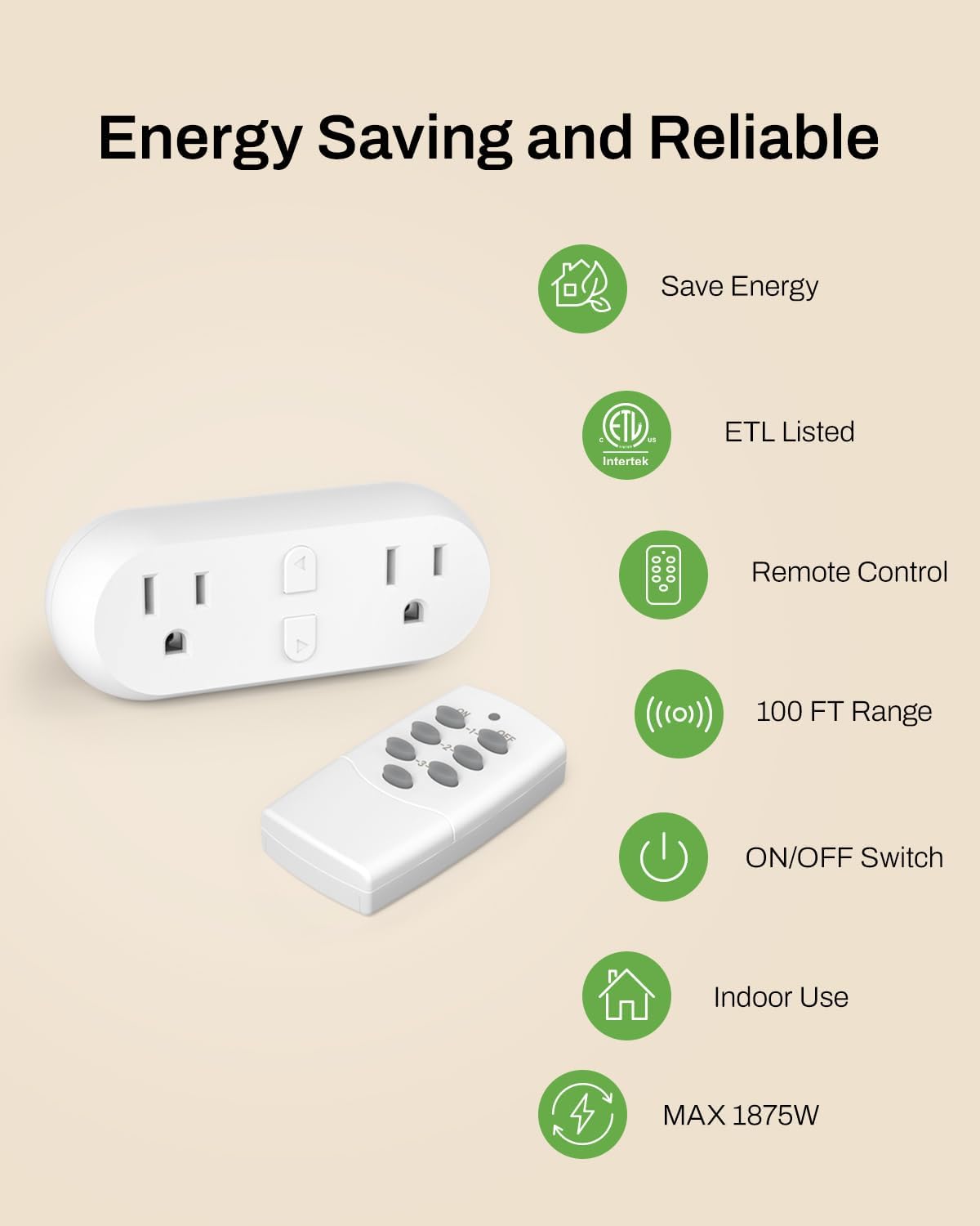 HBN Wireless Remote Control Outlet with 2 Individual Switch Control, Compact Design Sockets Plug Up to 100ft Remote Range, Battery Included, 15A/1875W, ETL Certified