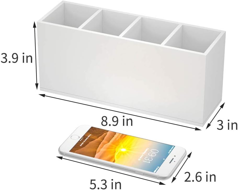 NIUBEE Acrylic Pen Holder 4 Compartments, White Pencil Organizer Cup for Countertop Desk Accessory Storage (White)