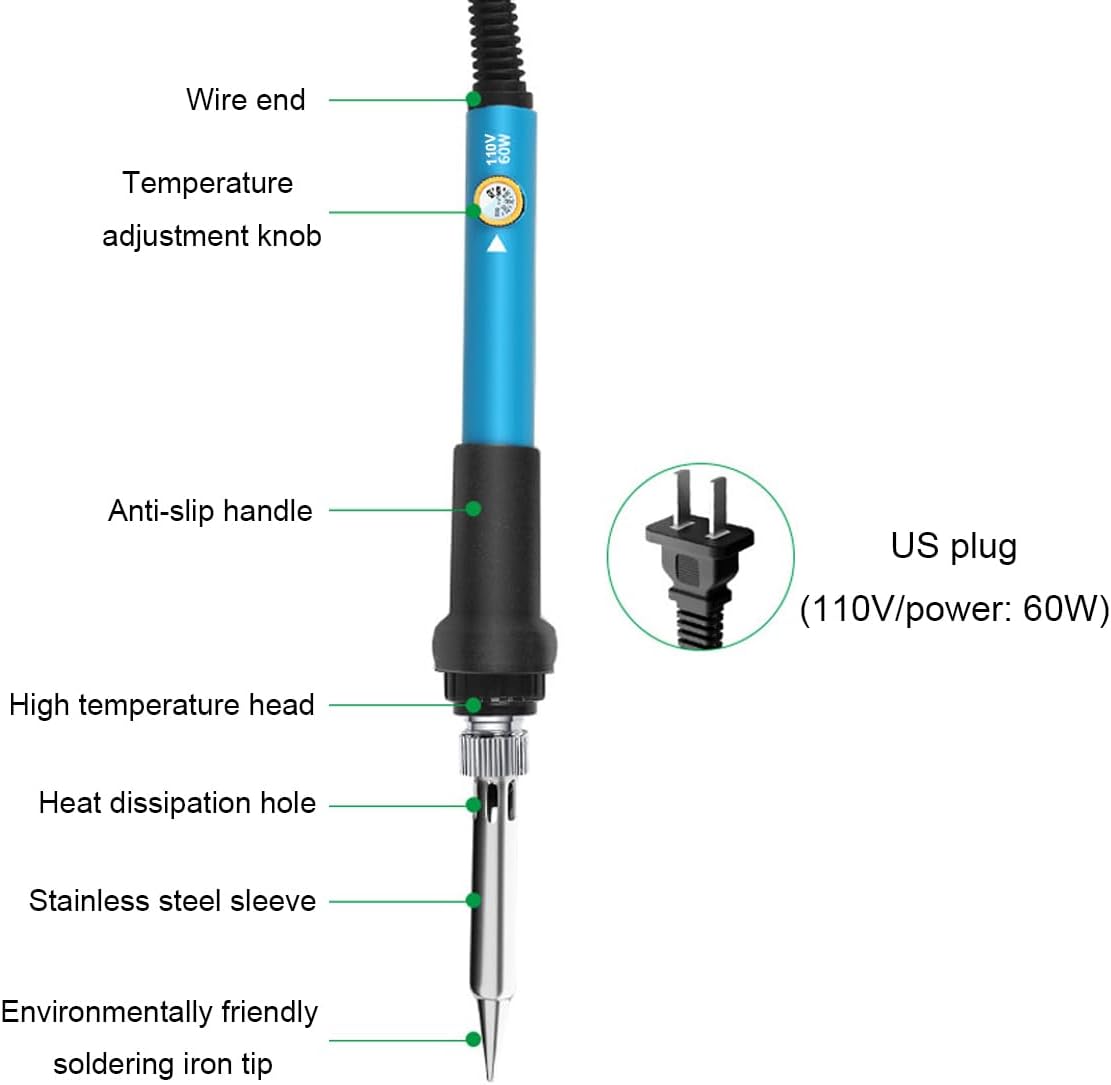 Soldering Iron Kit, 60W Soldering Iron with Interchangeable Iron Tips, Stand, Solder Tube, Welding Wire, 12-in-1 Adjustable Temperature Soldering Gun Welding Iron Kit for any Hobby Enthusiast 110V