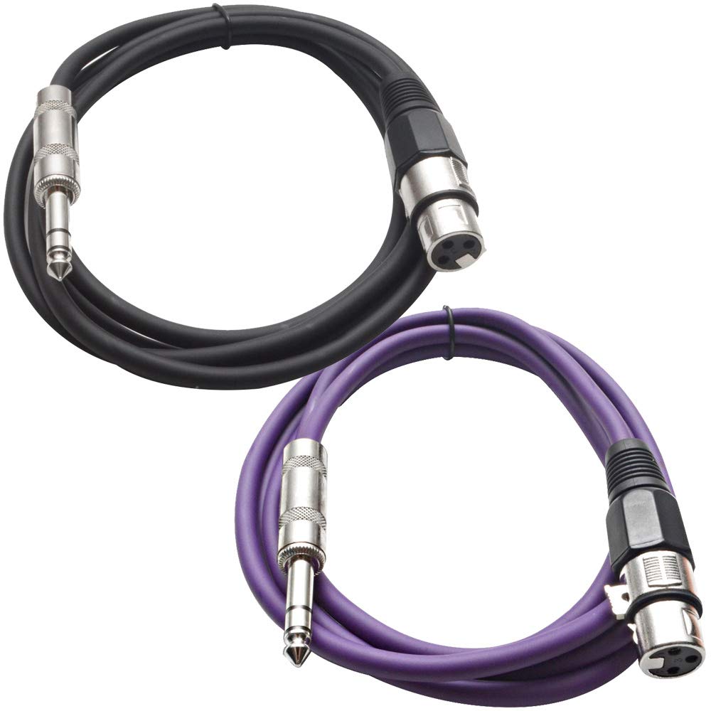 Seismic Audio - SATRXL-F6-2 Pack of 6 Foot 1/4 Inch TRS to XLR Female Patch Cables - Balanced - 6 Foot Patch Cord - Black and Purple