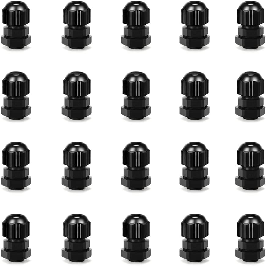 Cable Gland 20 Pack Plastic Waterproof Adjustable Connector 3-7mm PG7 Strain Relief Cord Connectors Joints Nylon with Gaskets