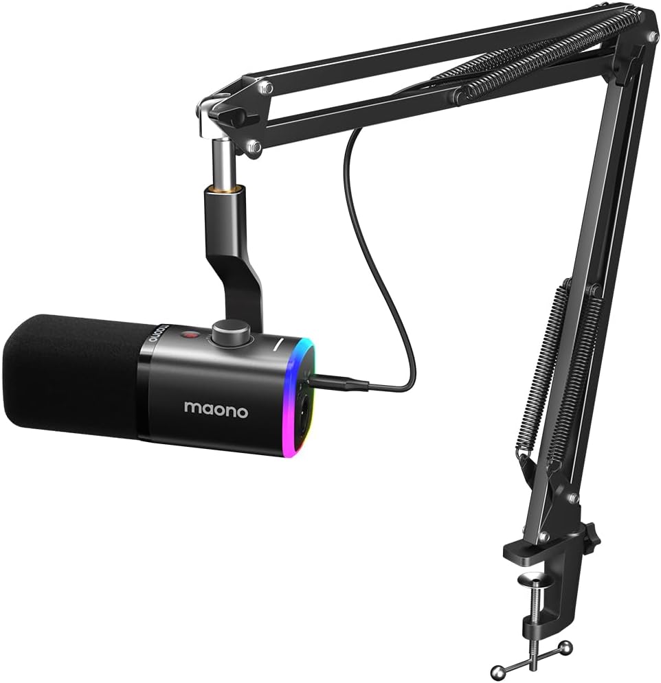 MAONO XLR/USB Gaming Microphone Kit: Dynamic PC Mic for Streaming Podcasting, Software Support, Mute Button, Gain Control, RGB Computer Mic with Boom Arm Stand, for Recording, PS4/PS5, PD100XS Black