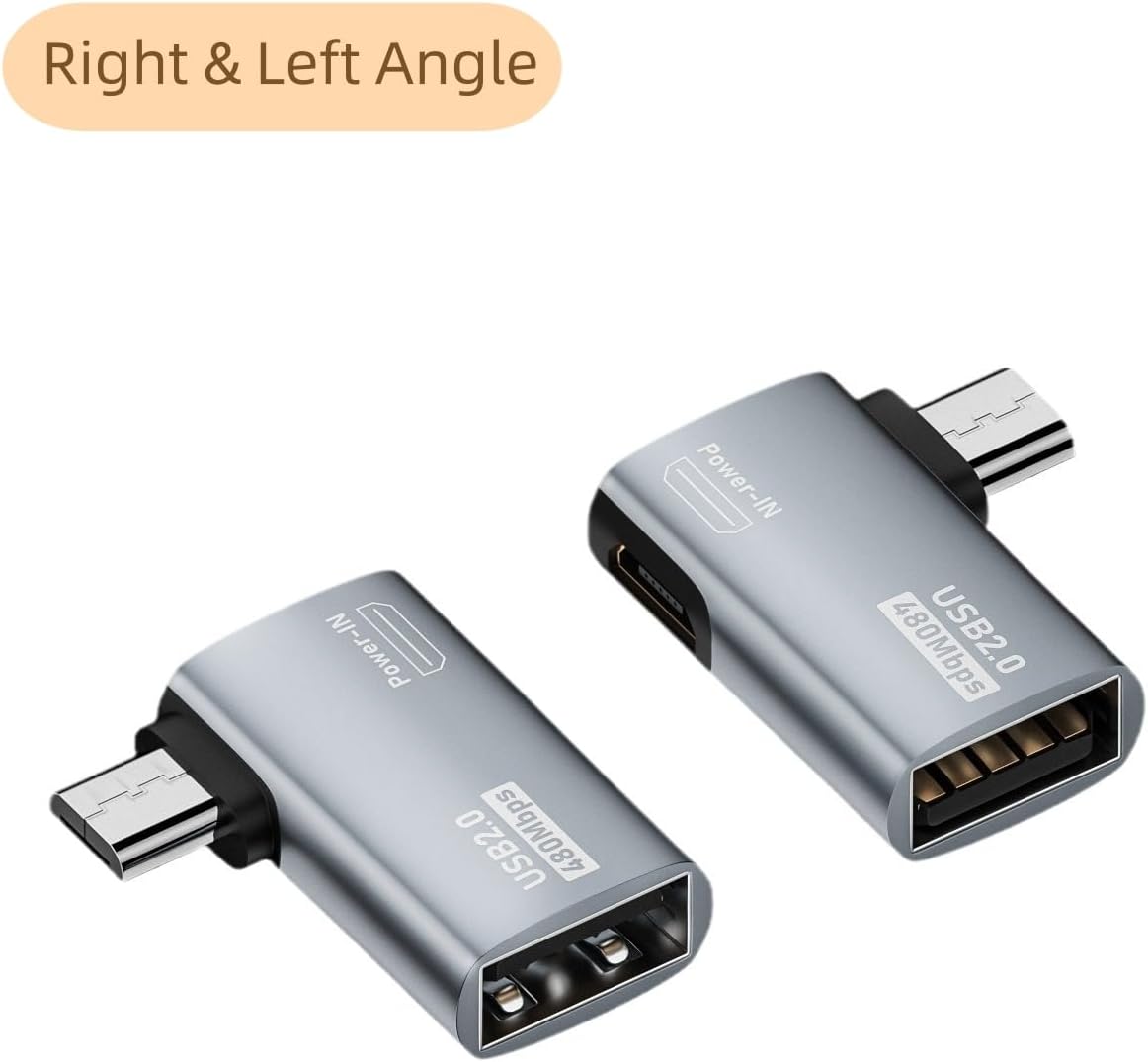 Powered Left & Right Angle USB 2.0 Micro Male to USB Female Host OTG Adapter for Samsung, Firestick，PS Classic，SNES Mini,NES/SNES Classic,Chromecast and More Smartphone or Tablet (2 Pack)