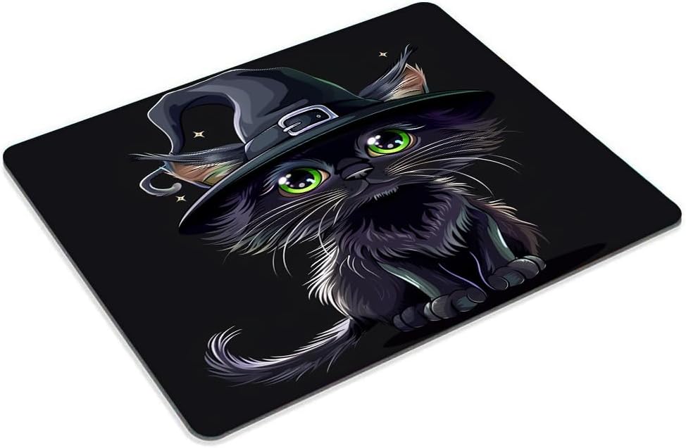 Square Mouse Pad Black Cat with Witch Hat for Halloween-1,Gaming Mouse Pads for Desk,Soft Computer Waterproof Non-Slip Mouse Mat