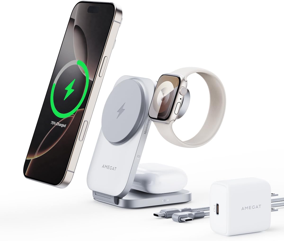 MagFusion Z 3-in-1 Charging Station Compatible with MagSafe, Qi2 Certified 15W Wireless Foldable Charger, for iPhone 16/15/14/13/12, AirPods 4/3/2/Pro, Apple Watch Charger, Silver